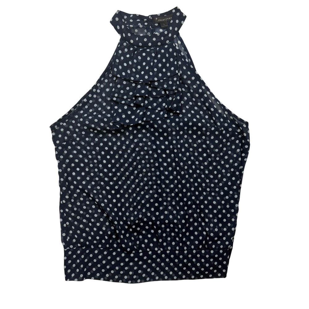 Twenty One Size L Navy White Polka Dot Ruffle Halter Sleeveless Blouse